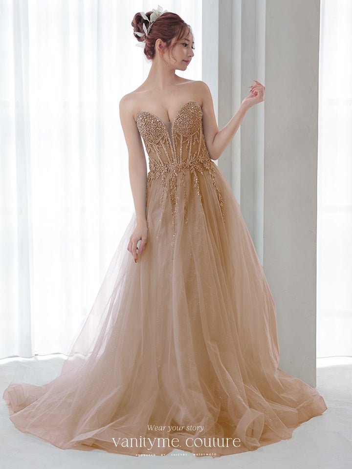 vanityME.couture.バニティーミークチュール バストパール 刺繍レース Vカット バースデードレス インポート シンデレラ ロングドレス モカゴールド vctr-l-2431-3