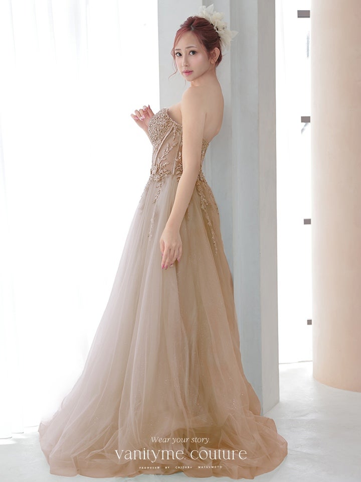 vanityME.couture.バニティーミークチュール バストパール 刺繍レース Vカット バースデードレス インポート シンデレラ ロングドレス モカゴールド vctr-l-2431-3