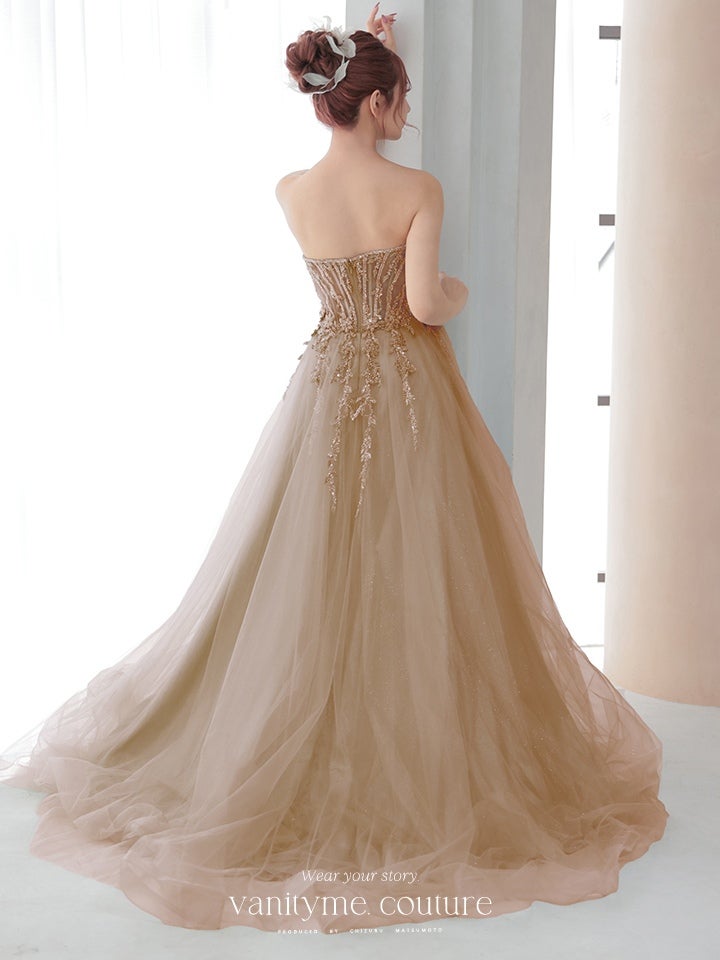 vanityME.couture.バニティーミークチュール バストパール 刺繍レース Vカット バースデードレス インポート シンデレラ ロングドレス モカゴールド vctr-l-2431-3