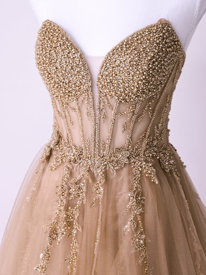 vanityME.couture.バニティーミークチュール バストパール 刺繍レース Vカット バースデードレス インポート シンデレラ ロングドレス モカゴールド vctr-l-2431-3