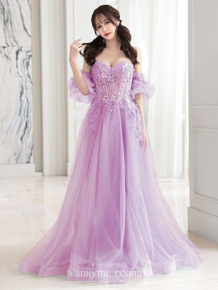vanityME.couture. バニティーミークチュール パフスリーブ フラワー×バタフライモチーフ スパンコール刺繍 プリンセス 姫 ロングドレス バースデードレス ラベンダー vctr-l-a1108-1