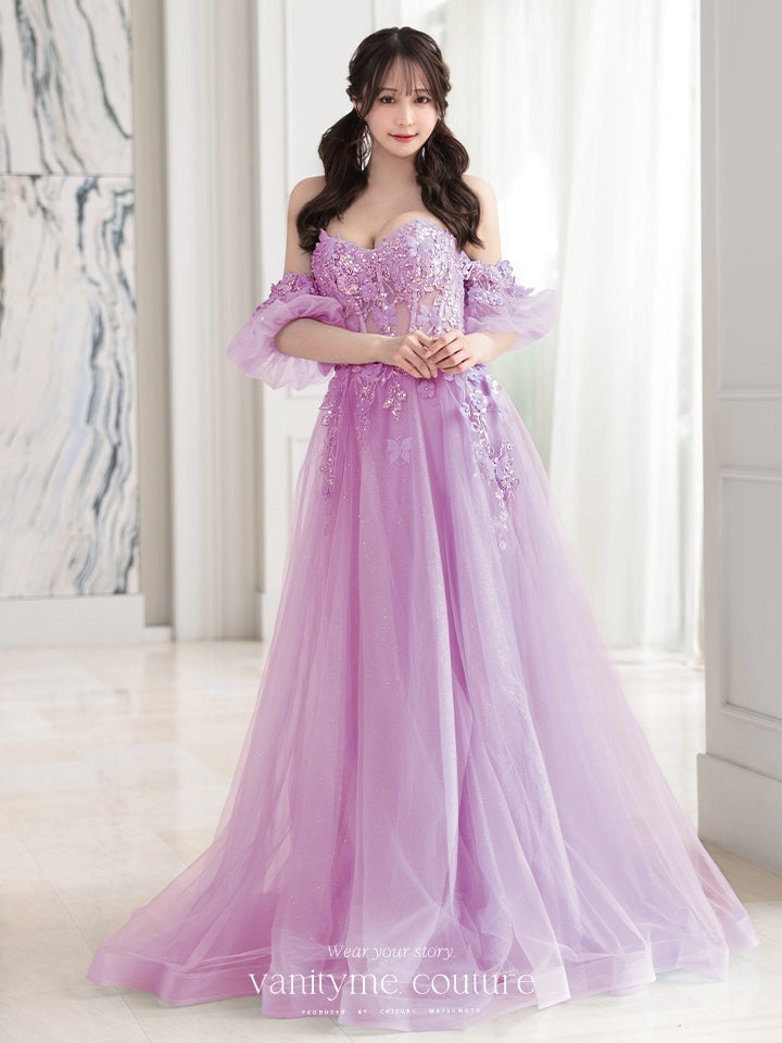 vanityME.couture. バニティーミークチュール パフスリーブ フラワー×バタフライモチーフ スパンコール刺繍 プリンセス 姫 ロングドレス バースデードレス ラベンダー vctr-l-a1108-1