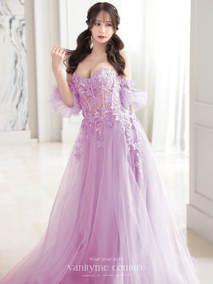 vanityME.couture. バニティーミークチュール パフスリーブ フラワー×バタフライモチーフ スパンコール刺繍 プリンセス 姫 ロングドレス バースデードレス ラベンダー vctr-l-a1108-1
