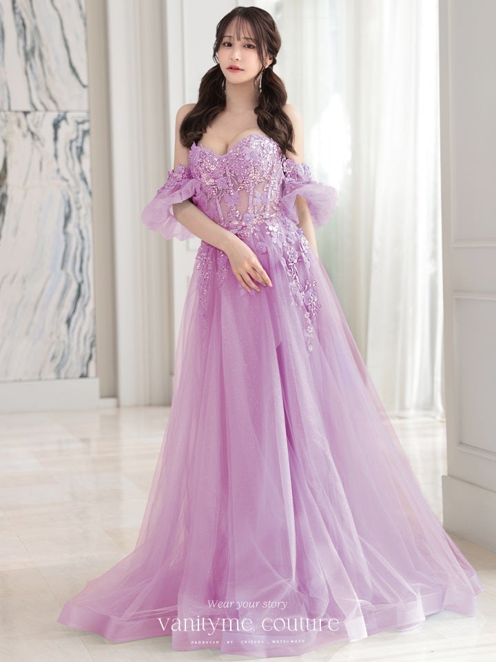 vanityME.couture. バニティーミークチュール パフスリーブ フラワー×バタフライモチーフ スパンコール刺繍 プリンセス 姫 ロングドレス バースデードレス ラベンダー vctr-l-a1108-1