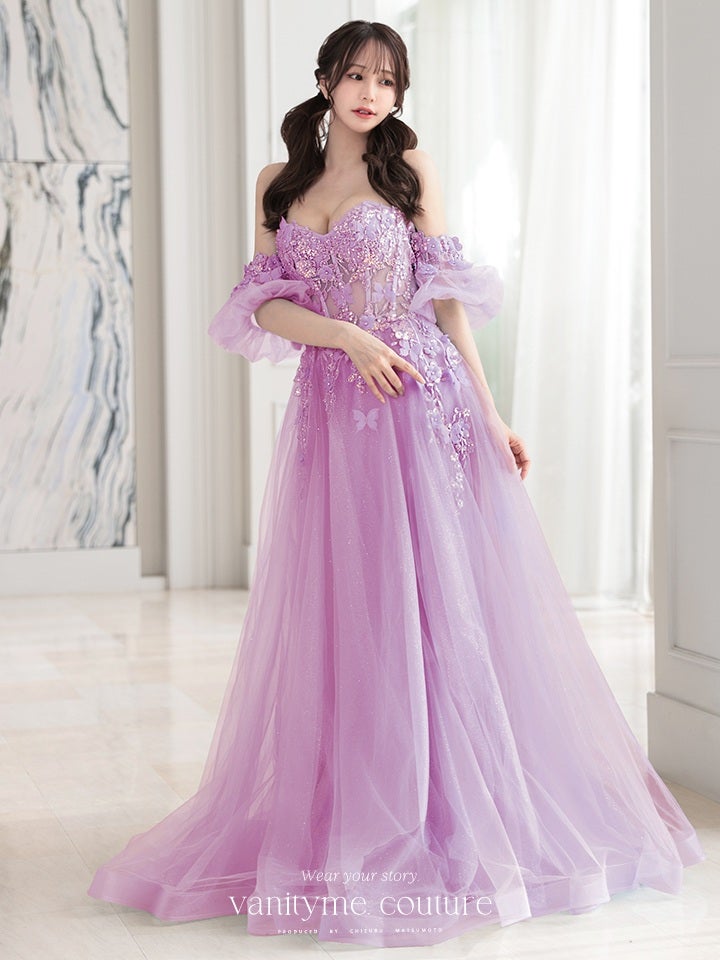 vanityME.couture. バニティーミークチュール パフスリーブ フラワー×バタフライモチーフ スパンコール刺繍 プリンセス 姫 ロングドレス バースデードレス ラベンダー vctr-l-a1108-1
