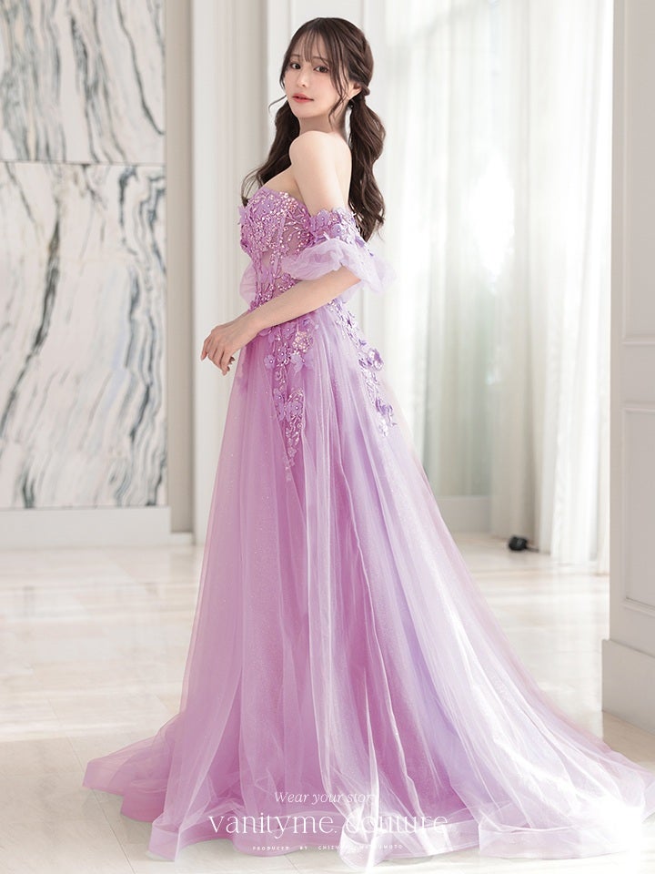 vanityME.couture. バニティーミークチュール パフスリーブ フラワー×バタフライモチーフ スパンコール刺繍 プリンセス 姫 ロングドレス バースデードレス ラベンダー vctr-l-a1108-1