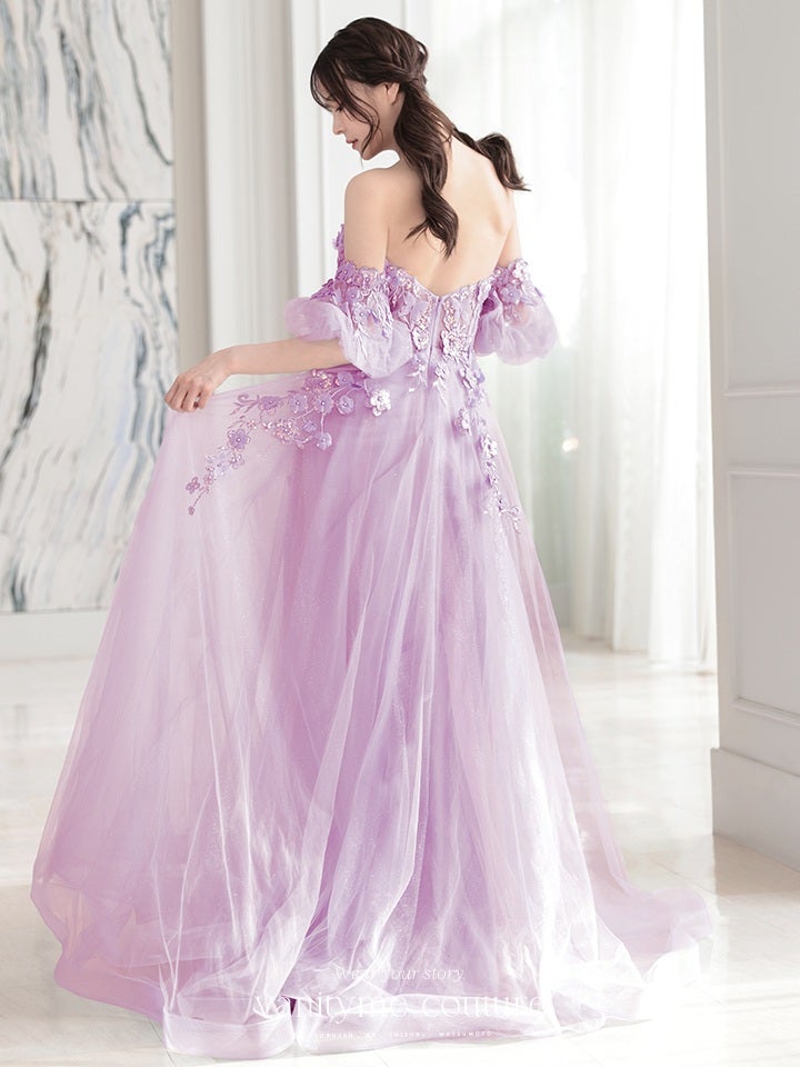 vanityME.couture. バニティーミークチュール パフスリーブ フラワー×バタフライモチーフ スパンコール刺繍 プリンセス 姫 ロングドレス バースデードレス ラベンダー vctr-l-a1108-1