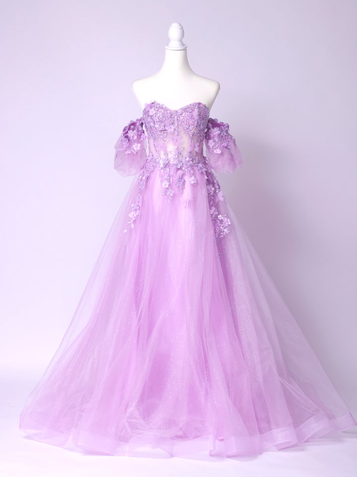 vanityME.couture. バニティーミークチュール パフスリーブ フラワー×バタフライモチーフ スパンコール刺繍 プリンセス 姫 ロングドレス バースデードレス ラベンダー vctr-l-a1108-1