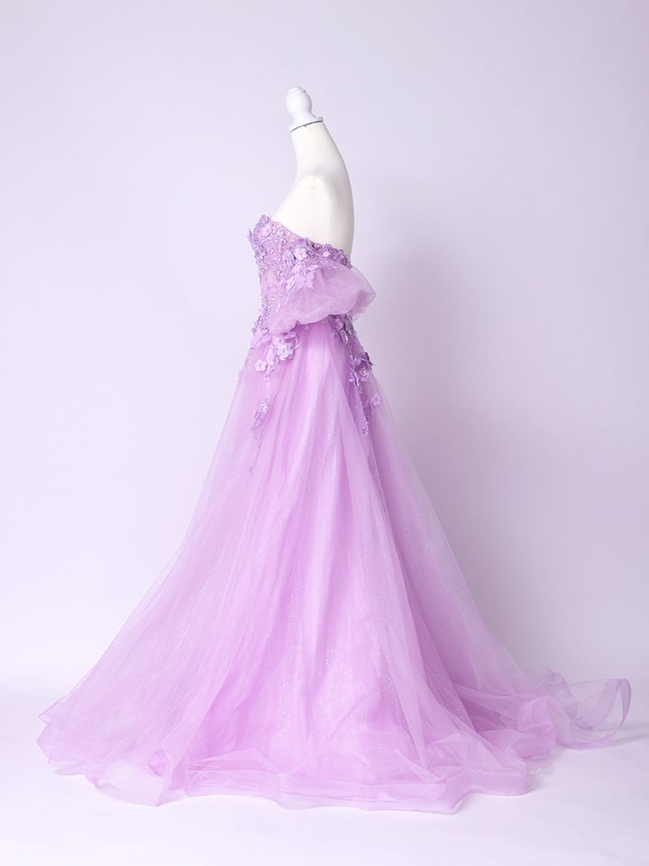 vanityME.couture. バニティーミークチュール パフスリーブ フラワー×バタフライモチーフ スパンコール刺繍 プリンセス 姫 ロングドレス バースデードレス ラベンダー vctr-l-a1108-1