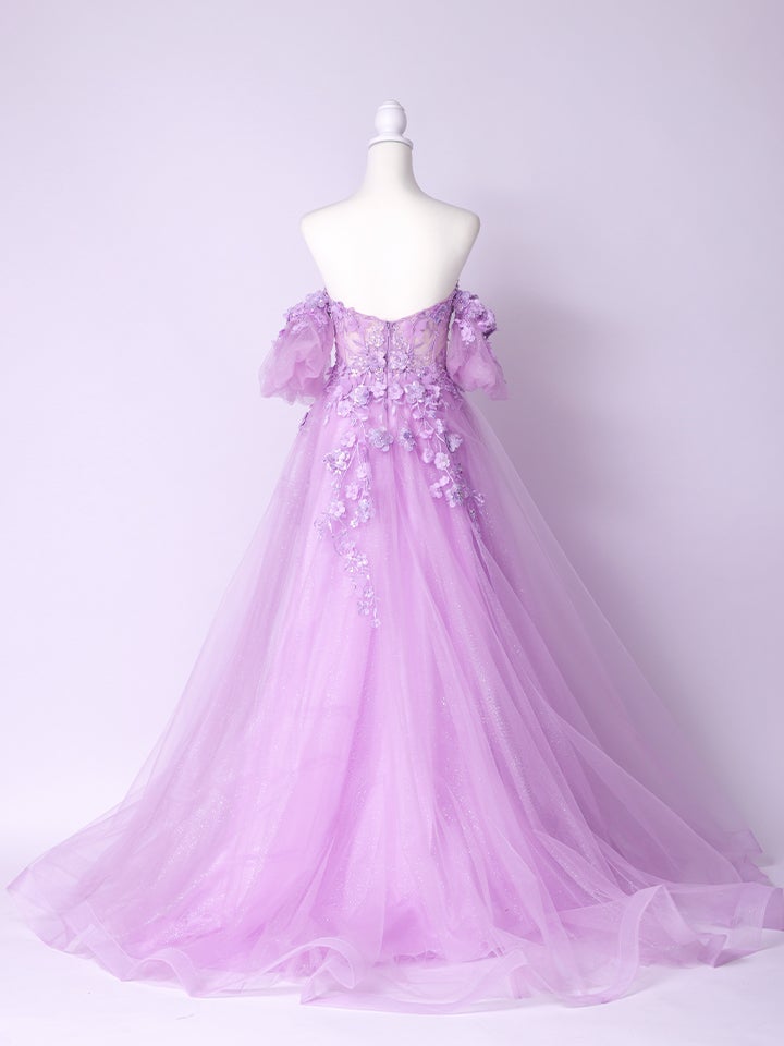 vanityME.couture. バニティーミークチュール パフスリーブ フラワー×バタフライモチーフ スパンコール刺繍 プリンセス 姫 ロングドレス バースデードレス ラベンダー vctr-l-a1108-1