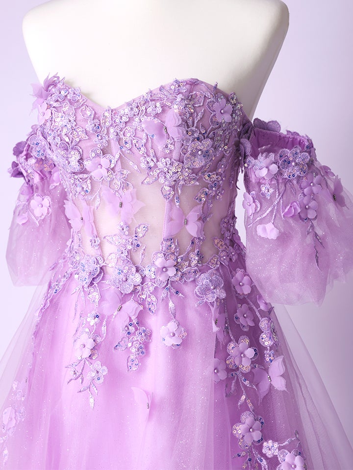 vanityME.couture. バニティーミークチュール パフスリーブ フラワー×バタフライモチーフ スパンコール刺繍 プリンセス 姫 ロングドレス バースデードレス ラベンダー vctr-l-a1108-1