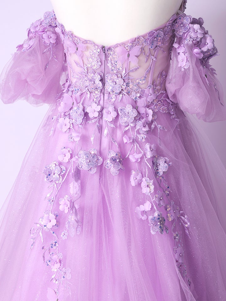 vanityME.couture. バニティーミークチュール パフスリーブ フラワー×バタフライモチーフ スパンコール刺繍 プリンセス 姫 ロングドレス バースデードレス ラベンダー vctr-l-a1108-1