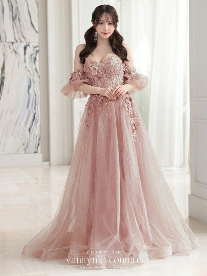 vanityME.couture. バニティーミークチュール パフスリーブ フラワー×バタフライモチーフ スパンコール刺繍 プリンセス 姫 ロングドレス バースデードレス ティーローズ vctr-l-a1108-2