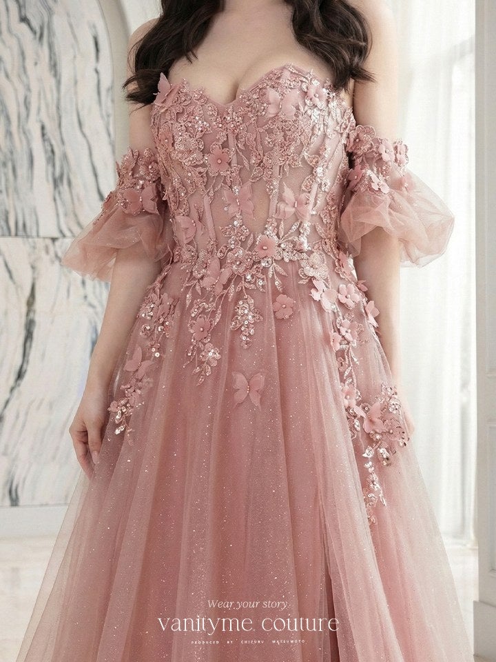 vanityME.couture. バニティーミークチュール パフスリーブ フラワー×バタフライモチーフ スパンコール刺繍 プリンセス 姫 ロングドレス バースデードレス ティーローズ vctr-l-a1108-2