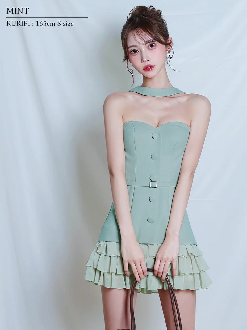 AngelR エンジェルアール ベアトップチョーカーデザインボタンウエストベルトフリルフレアマイクロミニドレス ar26208-ks