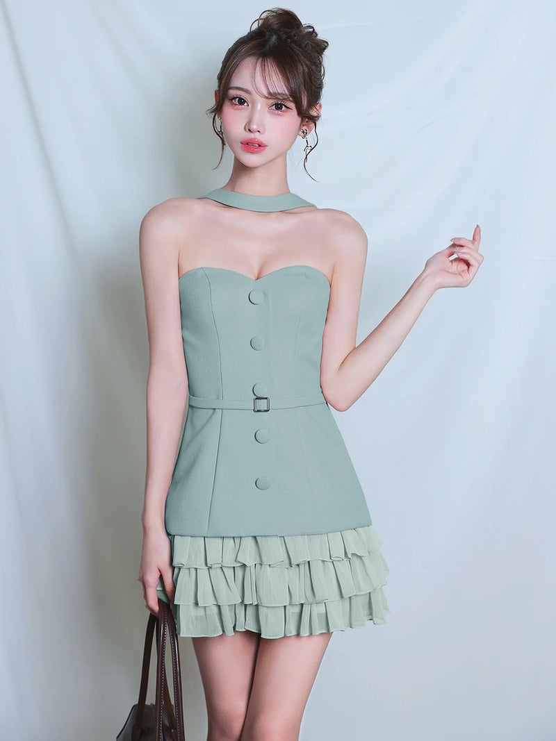 AngelR エンジェルアール ベアトップチョーカーデザインボタンウエストベルトフリルフレアマイクロミニドレス ar26208-ks