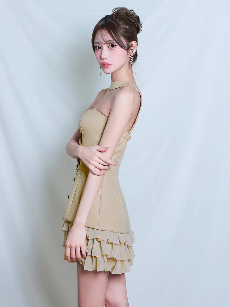 AngelR エンジェルアール ベアトップチョーカーデザインボタンウエストベルトフリルフレアマイクロミニドレス ar26208-ks