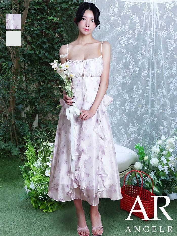 AngelR エンジェルアール フラワーデザインバストリボンフリルフレアシフォンミモレ丈ロングドレス ar26312-ks