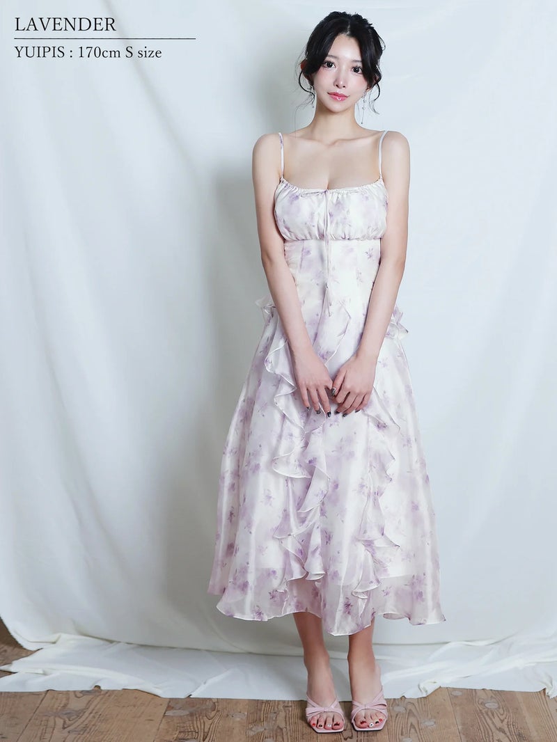 AngelR エンジェルアール フラワーデザインバストリボンフリルフレアシフォンミモレ丈ロングドレス ar26312-ks