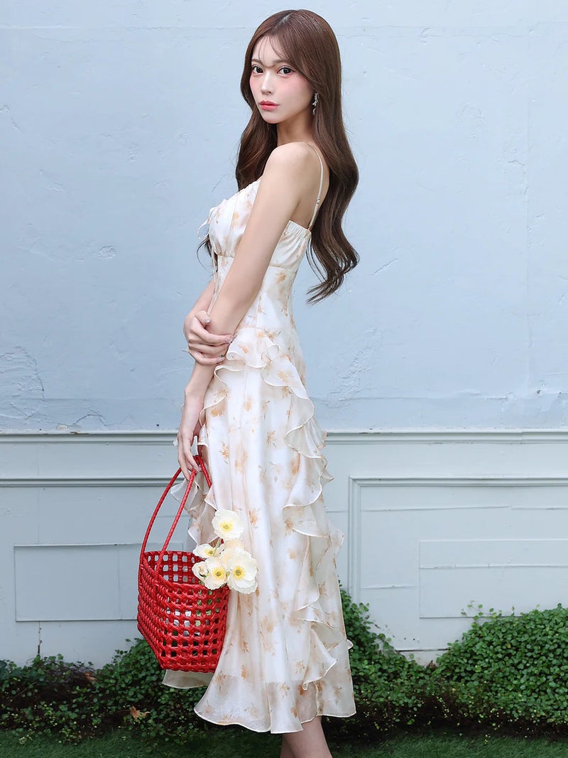 AngelR エンジェルアール フラワーデザインバストリボンフリルフレアシフォンミモレ丈ロングドレス ar26312-ks