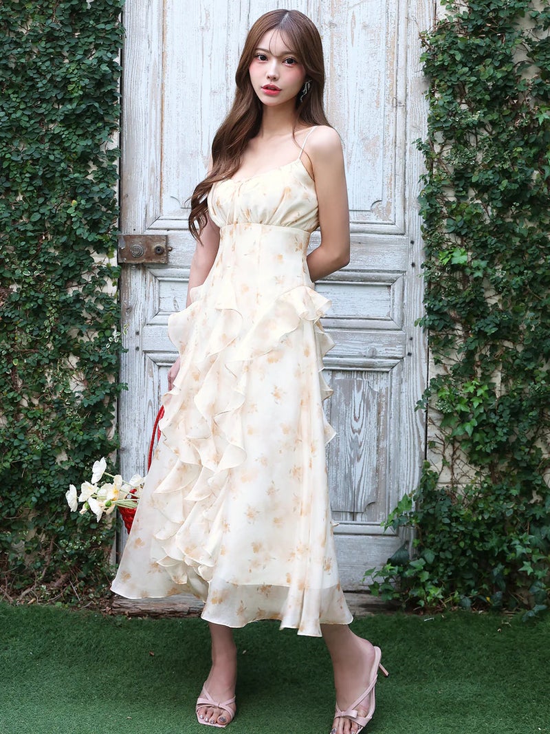AngelR エンジェルアール フラワーデザインバストリボンフリルフレアシフォンミモレ丈ロングドレス ar26312-ks