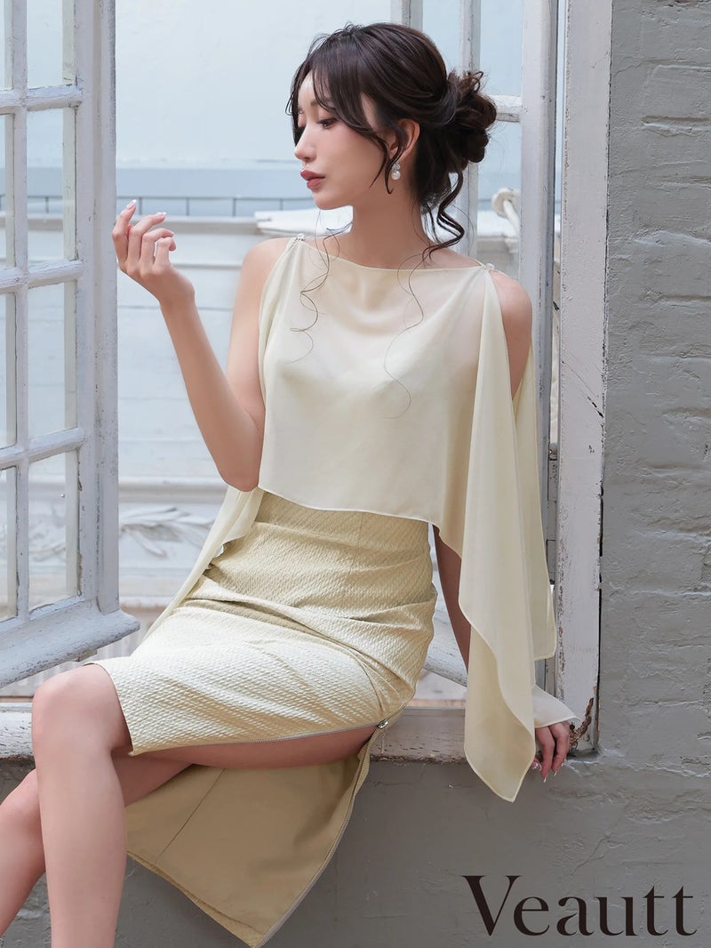 Veautt ヴュート シフォンケープオープンショルダー2wayサイドファスナータイトミディアムドレス vt032603