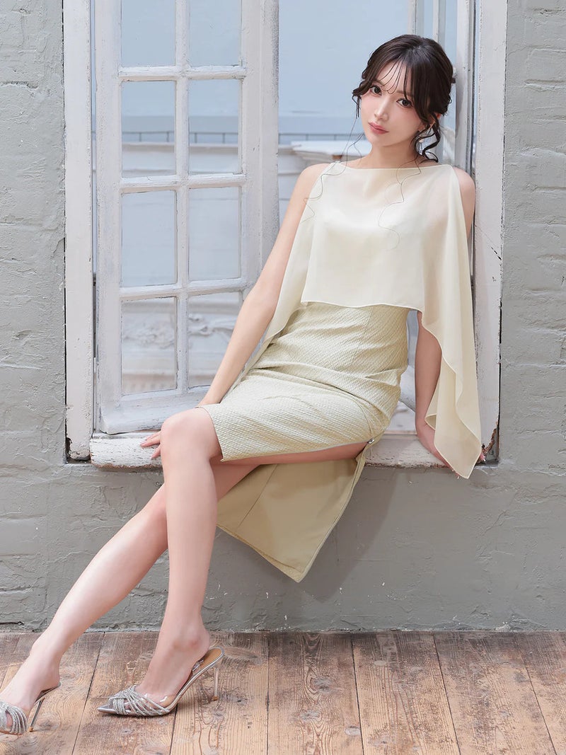 Veautt ヴュート シフォンケープオープンショルダー2wayサイドファスナータイトミディアムドレス vt032603