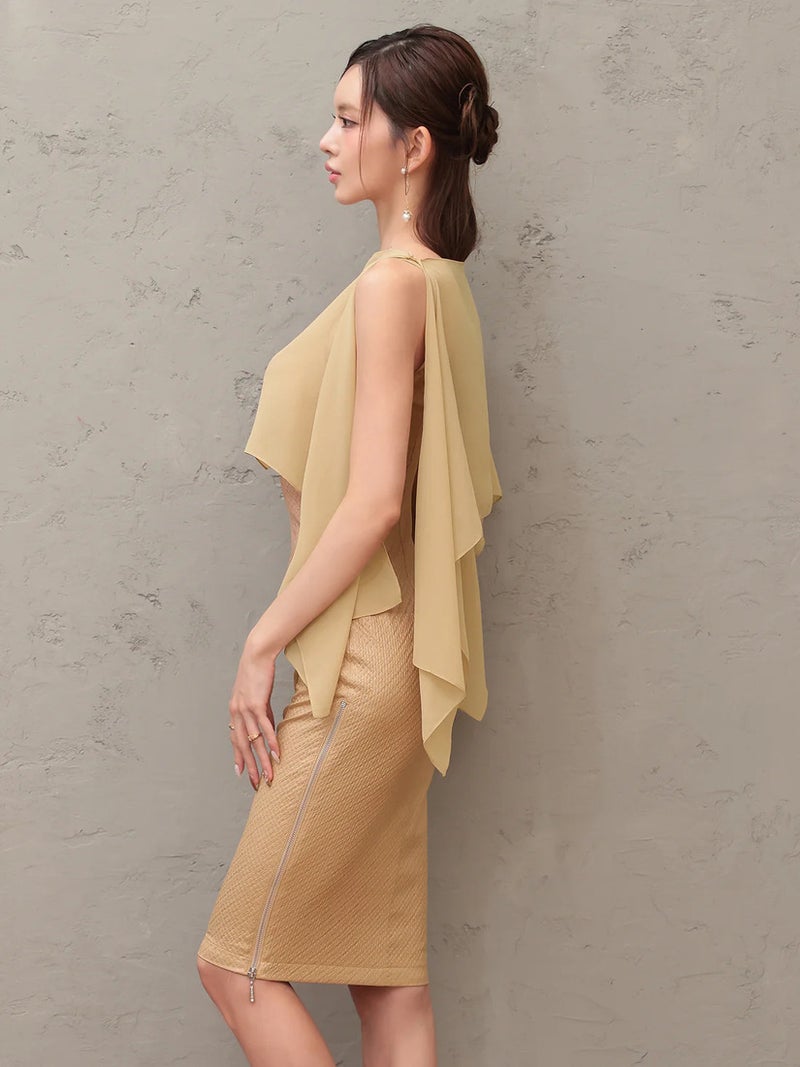 Veautt ヴュート シフォンケープオープンショルダー2wayサイドファスナータイトミディアムドレス vt032603