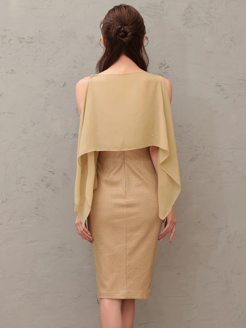 Veautt ヴュート シフォンケープオープンショルダー2wayサイドファスナータイトミディアムドレス vt032603