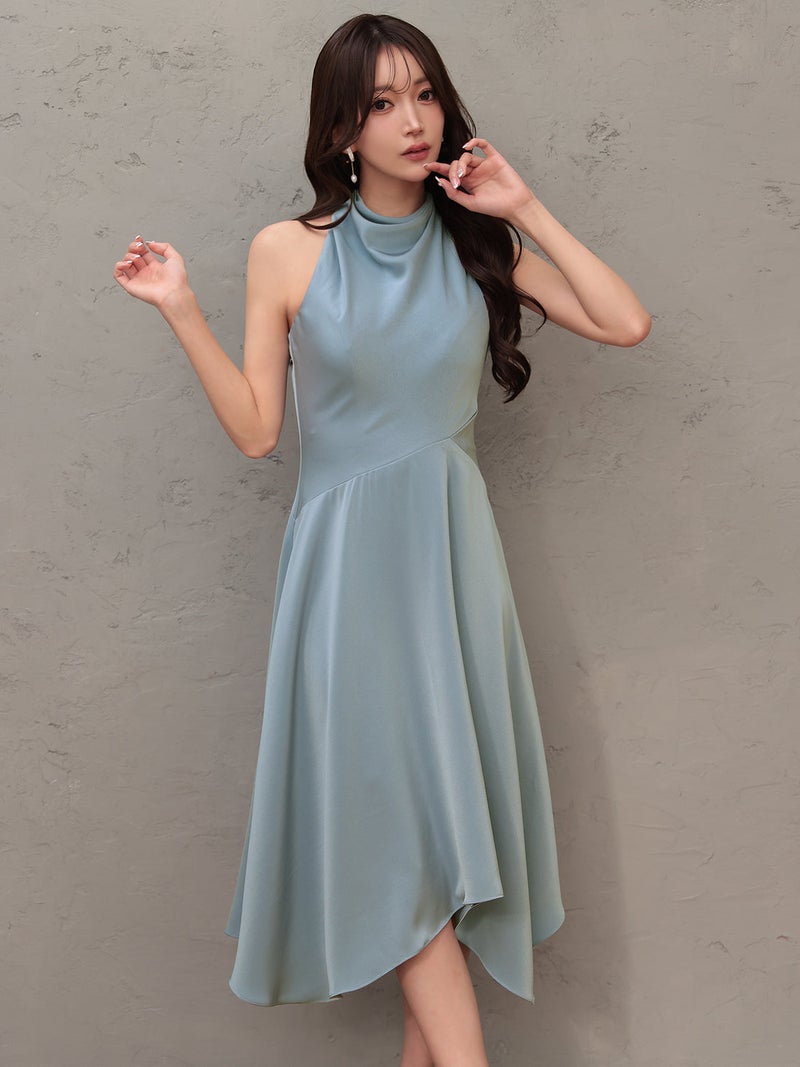 Veautt ヴュート ネックデザインアシンメトリーフレアミディアムドレス vt022605-ks