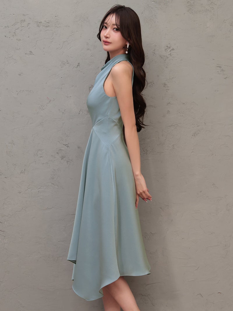 Veautt ヴュート ネックデザインアシンメトリーフレアミディアムドレス vt022605-ks