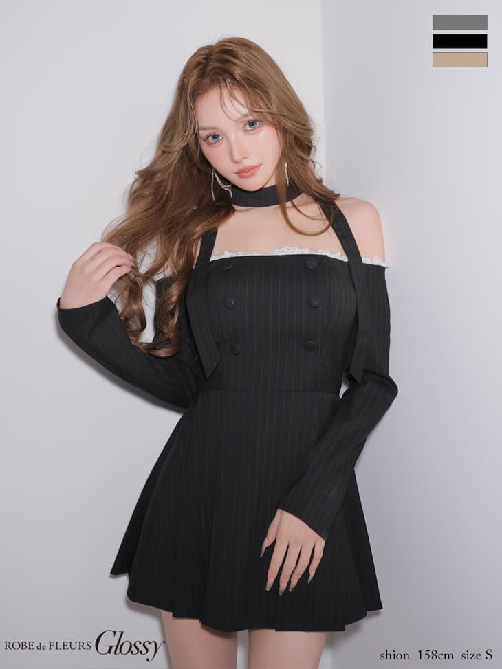 Glossy ローブドフルールグロッシー 【XSサイズあり】ダブルボタンストライプフレアミニキャバドレス gl4800-c