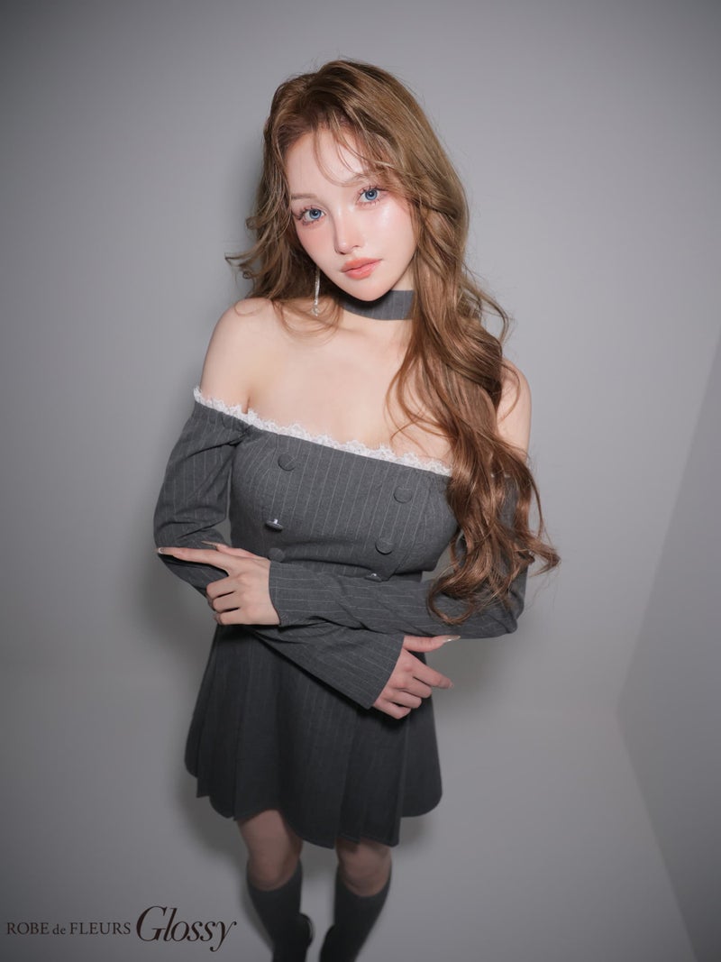 Glossy ローブドフルールグロッシー 【XSサイズあり】ダブルボタンストライプフレアミニキャバドレス gl4800-c