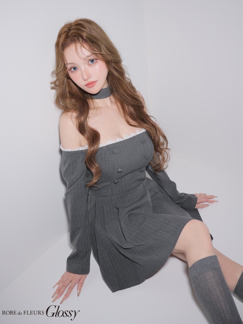 Glossy ローブドフルールグロッシー 【XSサイズあり】ダブルボタンストライプフレアミニキャバドレス gl4800-c