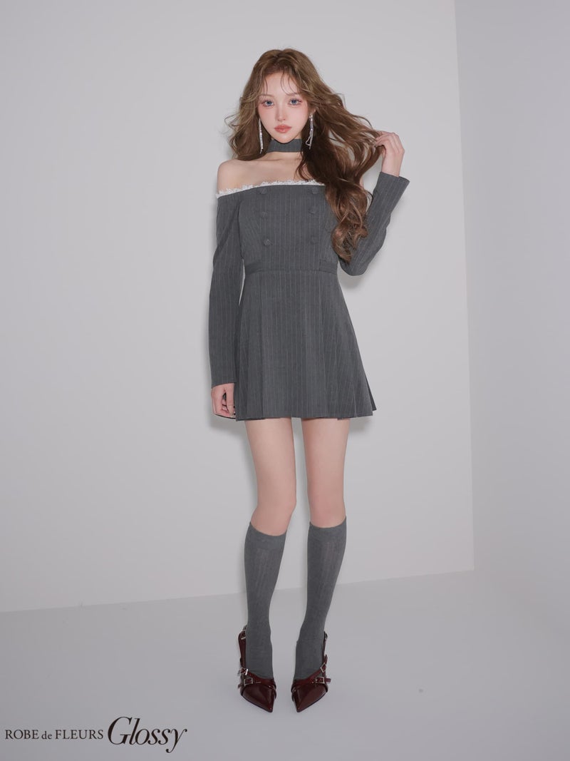 Glossy ローブドフルールグロッシー 【XSサイズあり】ダブルボタンストライプフレアミニキャバドレス gl4800-c