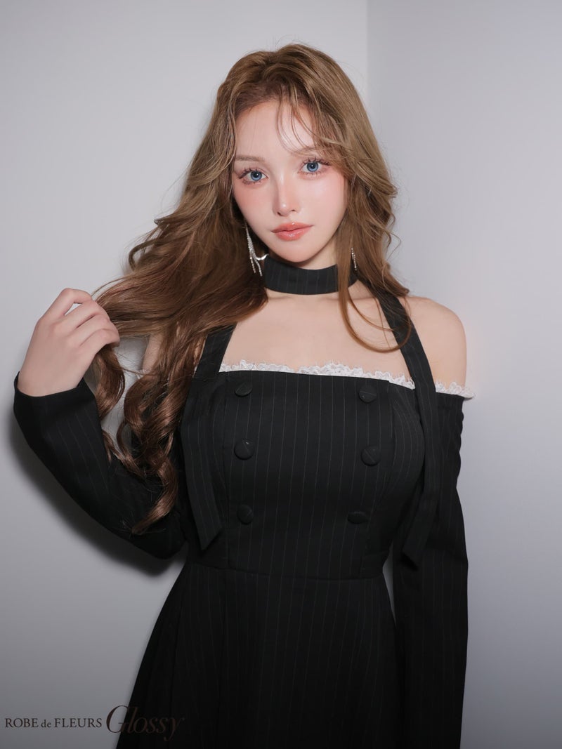 Glossy ローブドフルールグロッシー 【XSサイズあり】ダブルボタンストライプフレアミニキャバドレス gl4800-c