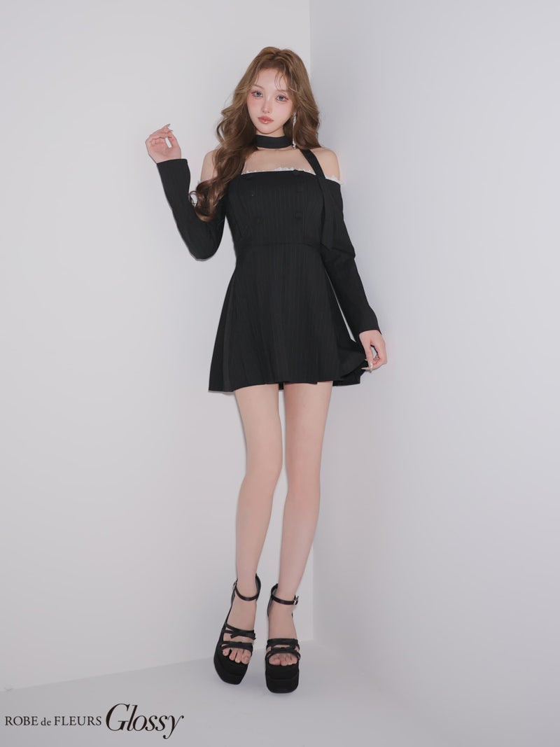 Glossy ローブドフルールグロッシー 【XSサイズあり】ダブルボタンストライプフレアミニキャバドレス gl4800-c