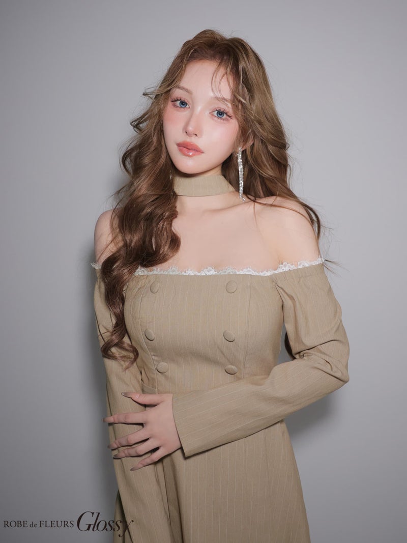 Glossy ローブドフルールグロッシー 【XSサイズあり】ダブルボタンストライプフレアミニキャバドレス gl4800-c