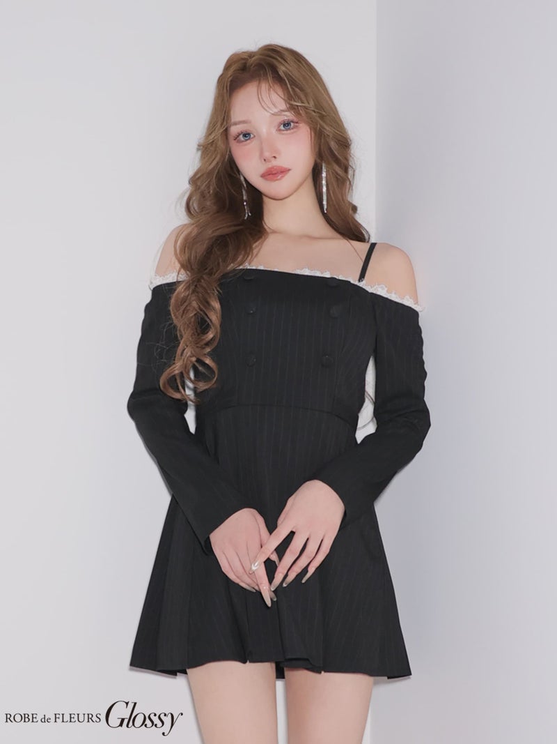 Glossy ローブドフルールグロッシー 【XSサイズあり】ダブルボタンストライプフレアミニキャバドレス gl4800-c