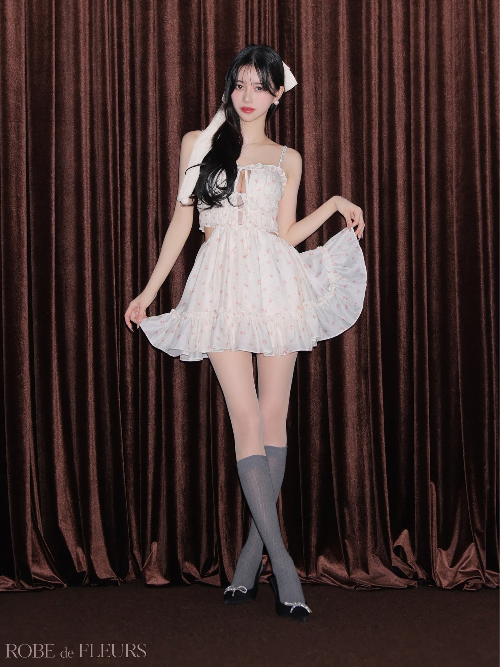 ROBE de FLEURS ローブドフルール 【XSサイズあり】 フラワースタッズリボンフレアミニキャバドレス fm4647-c