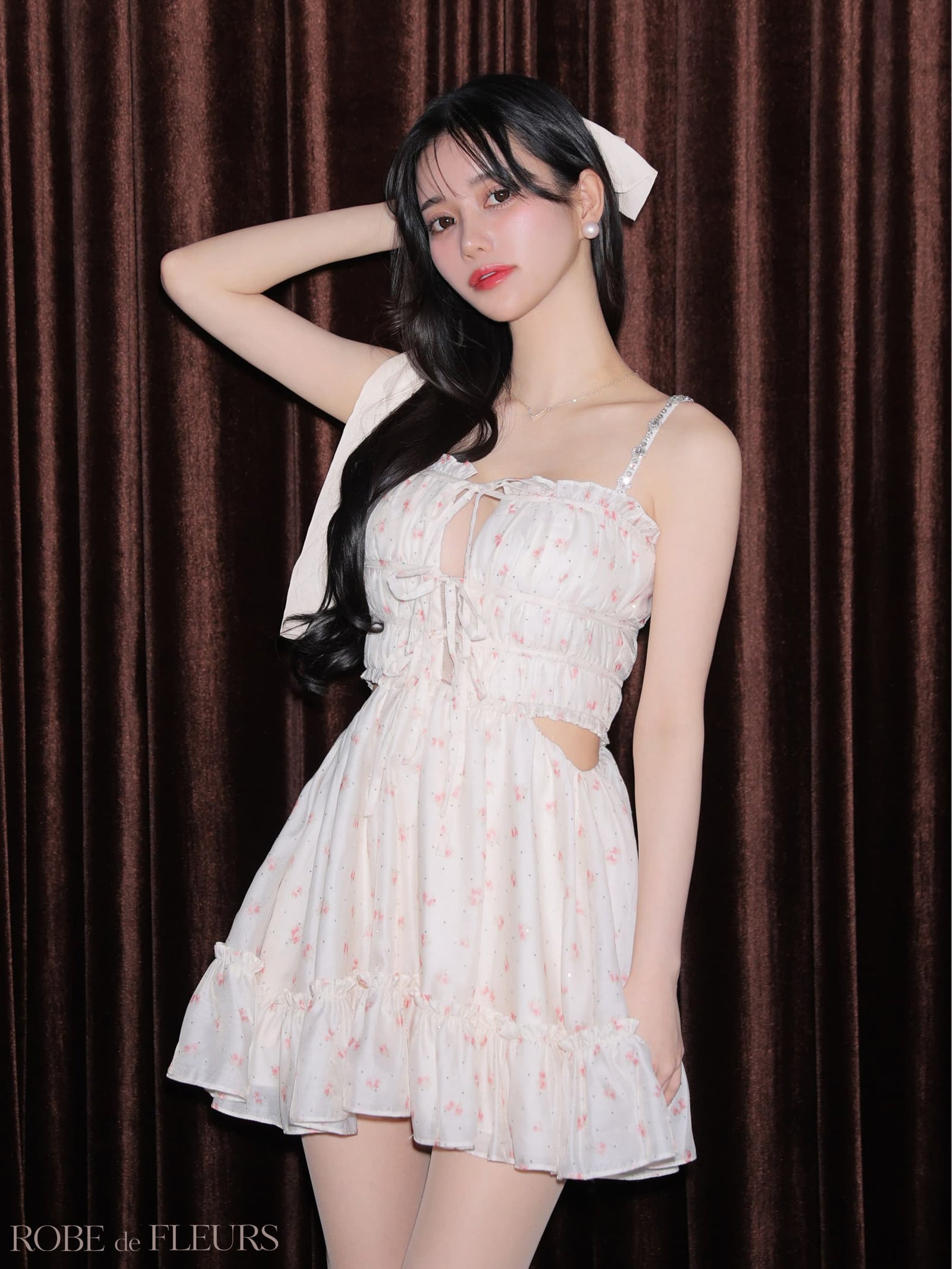ROBE de FLEURS ローブドフルール 【XSサイズあり】 フラワースタッズリボンフレアミニキャバドレス fm4647-c