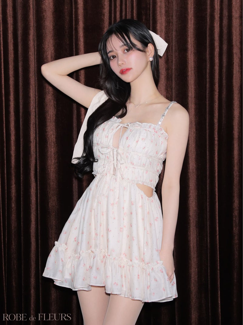 ROBE de FLEURS ローブドフルール 【XSサイズあり】 フラワースタッズリボンフレアミニキャバドレス fm4647-c