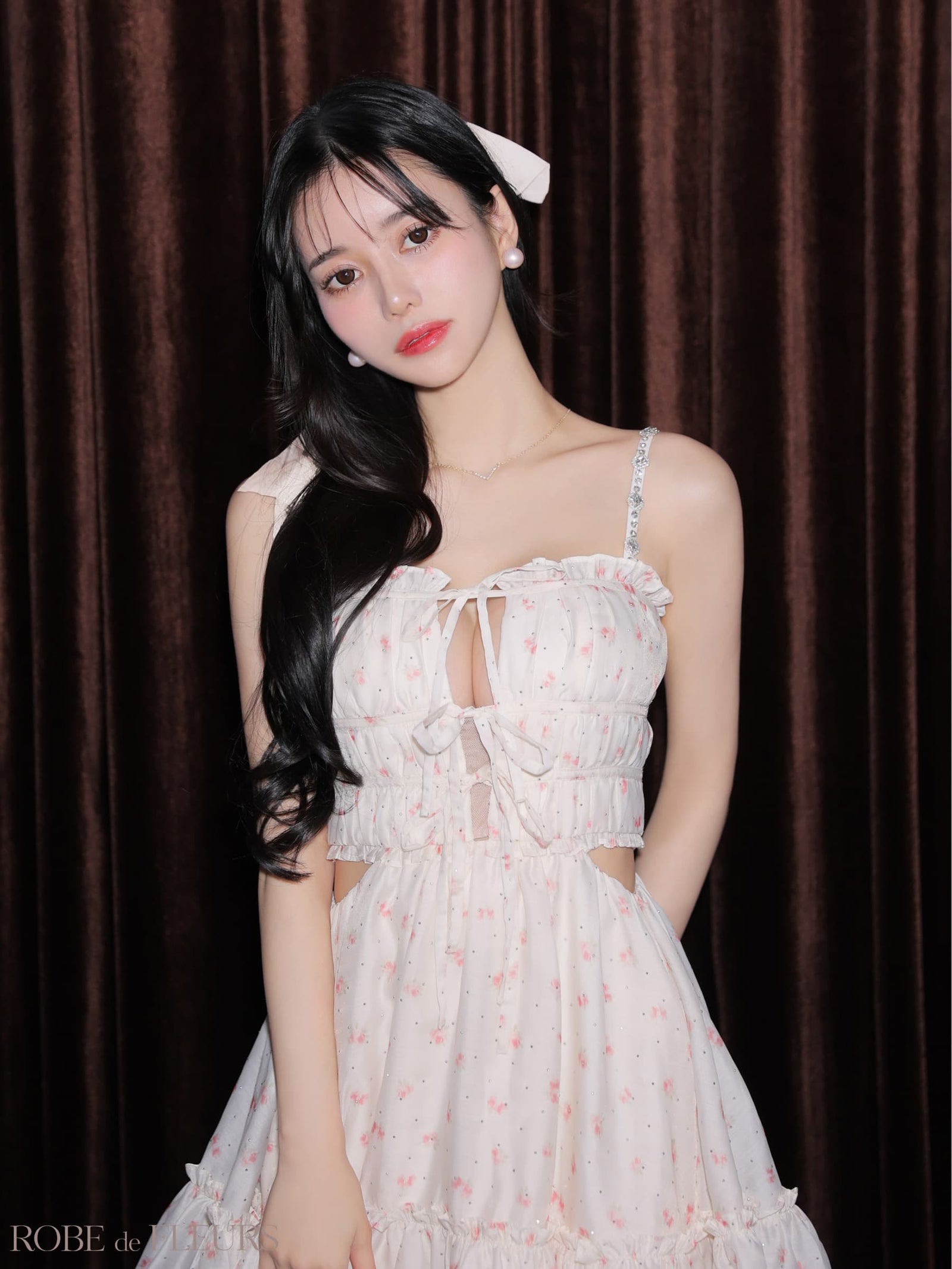 ROBE de FLEURS ローブドフルール 【XSサイズあり】 フラワースタッズリボンフレアミニキャバドレス fm4647-c