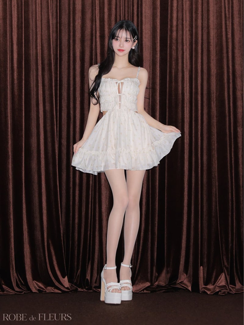 ROBE de FLEURS ローブドフルール 【XSサイズあり】 フラワースタッズリボンフレアミニキャバドレス fm4647-c