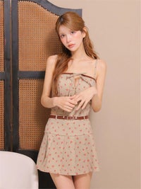 ROBE de FLEURS ローブドフルール 【XSサイズあり】小花柄レザーパイピングプリーツセットアップミニキャバドレス fm4355-c