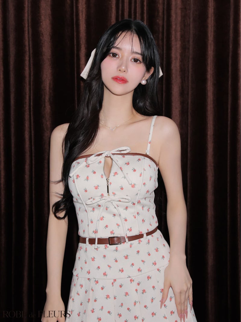 ROBE de FLEURS ローブドフルール 【XSサイズあり】小花柄レザーパイピングプリーツセットアップミニキャバドレス fm4355-c