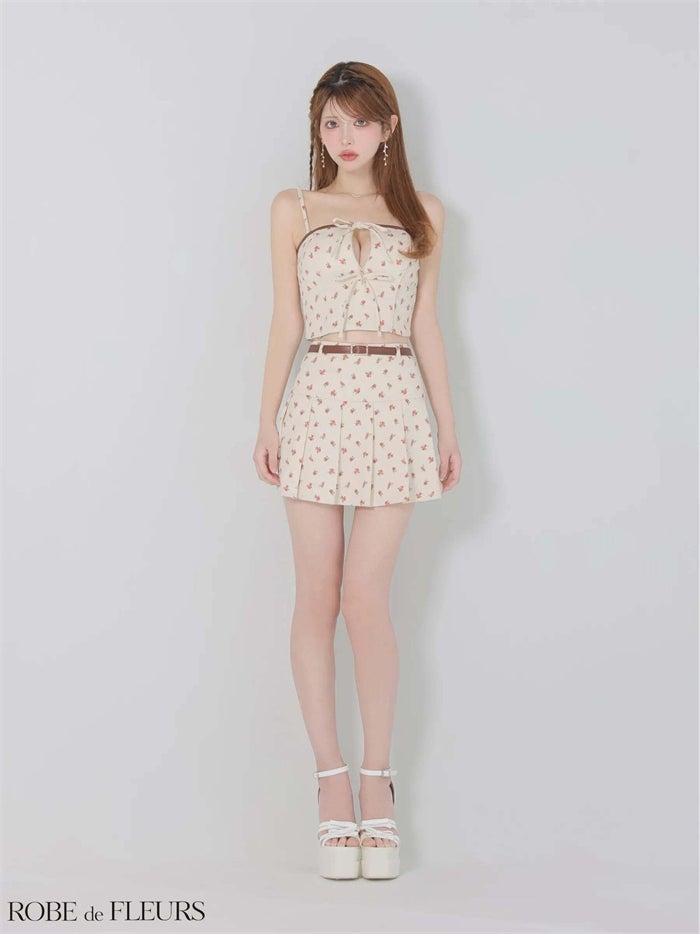 ROBE de FLEURS ローブドフルール 【XSサイズあり】小花柄レザーパイピングプリーツセットアップミニキャバドレス fm4355-c