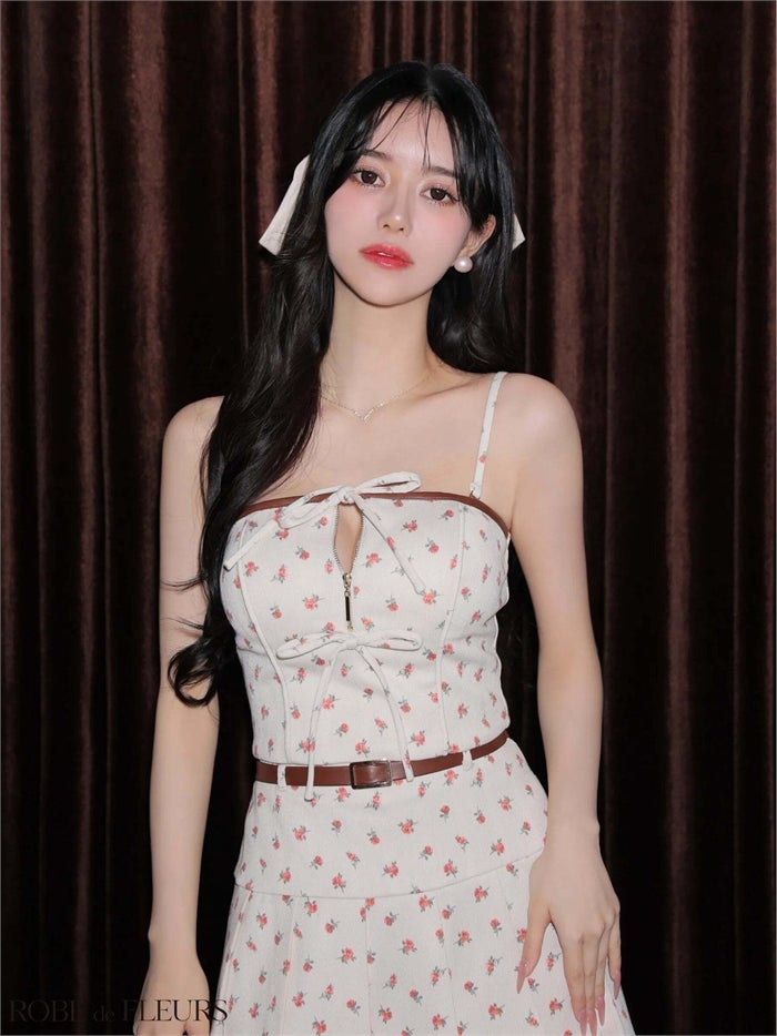 ROBE de FLEURS ローブドフルール 【XSサイズあり】小花柄レザーパイピングプリーツセットアップミニキャバドレス fm4355-c
