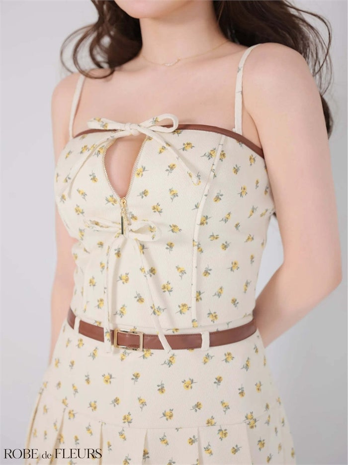 ROBE de FLEURS ローブドフルール 【XSサイズあり】小花柄レザーパイピングプリーツセットアップミニキャバドレス fm4355-c