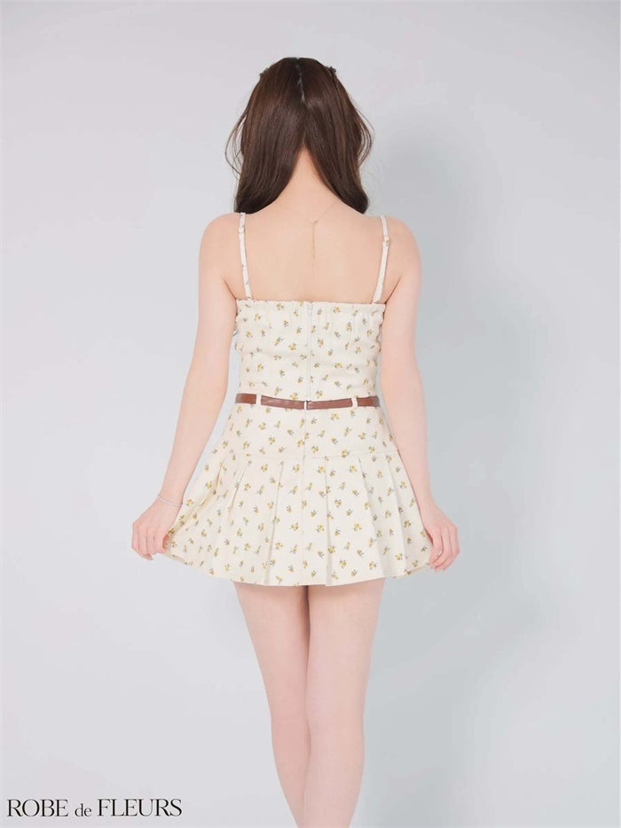 ROBE de FLEURS ローブドフルール 【XSサイズあり】小花柄レザーパイピングプリーツセットアップミニキャバドレス fm4355-c